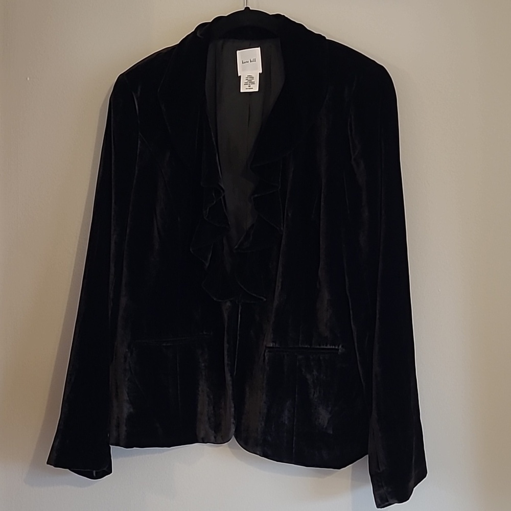 Kate Hill Black Crushed Velvet Black Ruffle Blazer Jacket Wmn 16 Plus Elegant - Picture 7 of 15